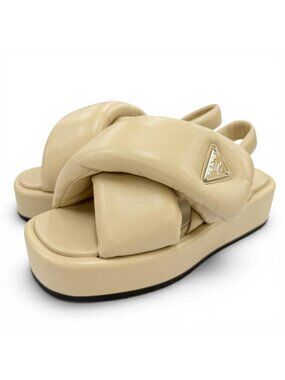 Prada Triangle Logo Backstrap Padded Nappa Leather Sandals Beige
